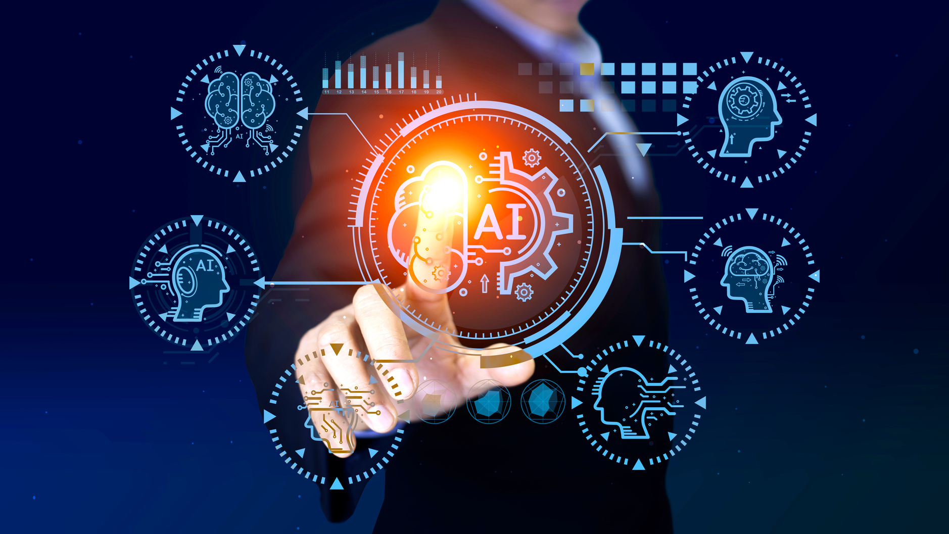AI (Artificial Intelligence) Technology networks connecting wireless devices. AI technology is essential to business in the digital world. Futuristic virtual screen interface technology.